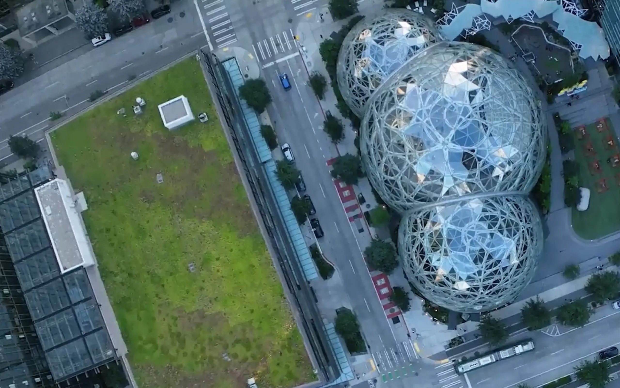 An aerial photo of the spheres at Amazon's headquarters in Seattle