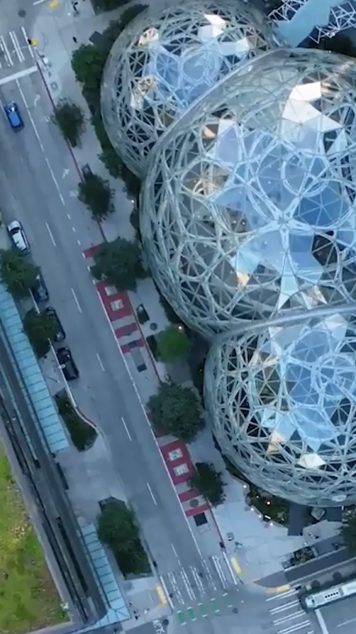 An aerial photo of the spheres at Amazon's headquarters in Seattle