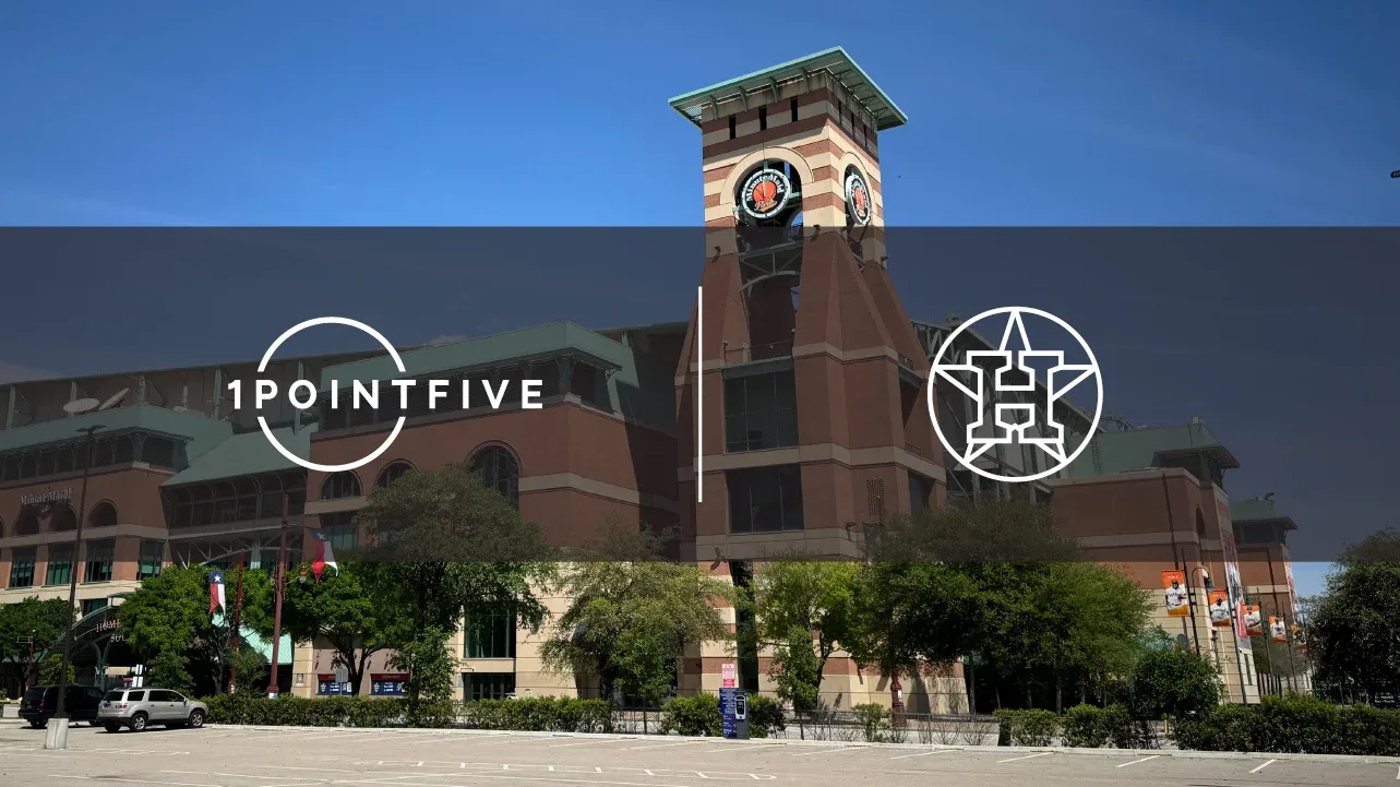 1PointFive and Houston Astros Logos overlaid on street view shot of Minute Maid Park