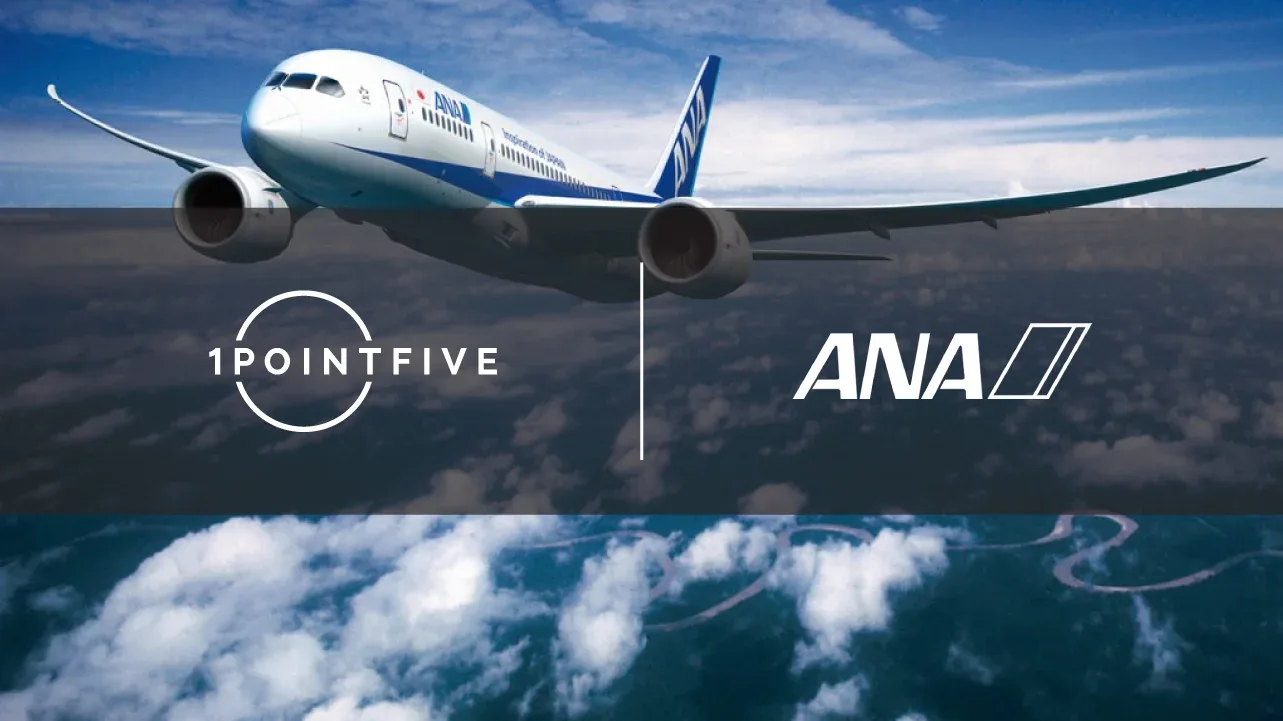 1PointFive and ANA logos overlaid on image of plane in clouds