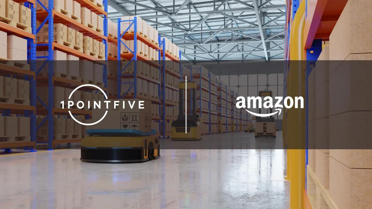 1PointFive and Amazon logos overlaid on render of warehouse aisle