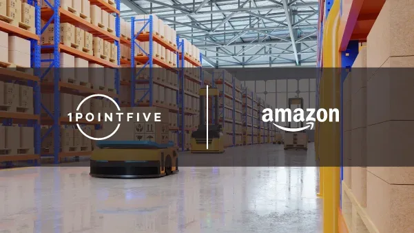 1PointFive and Amazon logos overlaid on render of warehouse aisle