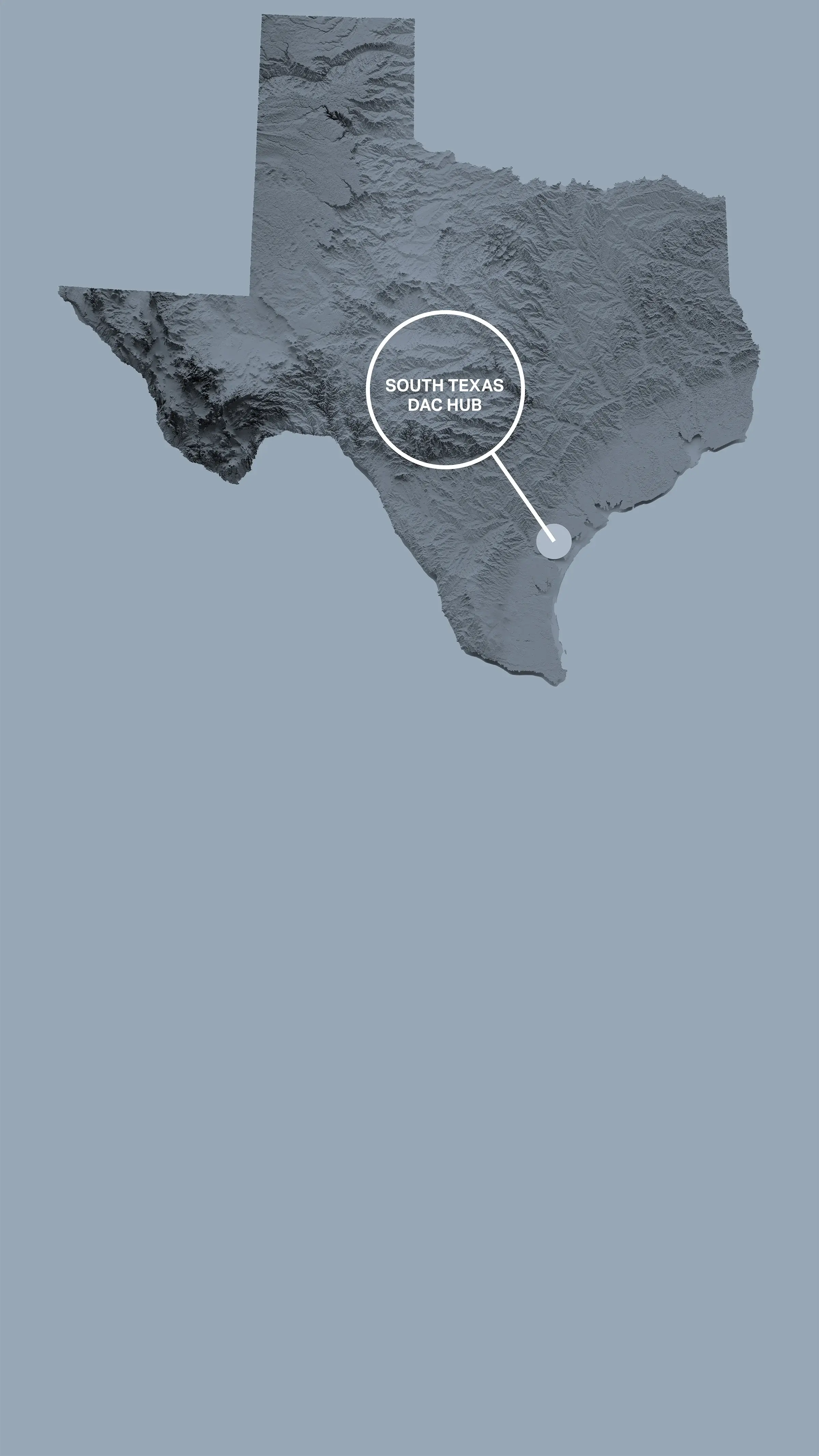 Map of Texas highlighting the South Texas DAC Hub at King Ranch